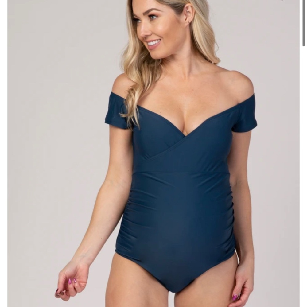 EUC - maternity and nursing friendly navy off the shoulder swim suit.